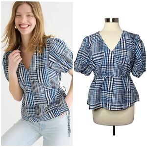 J.CREW Puff-sleeve Wrap Top Indigo Patchwork Size XL